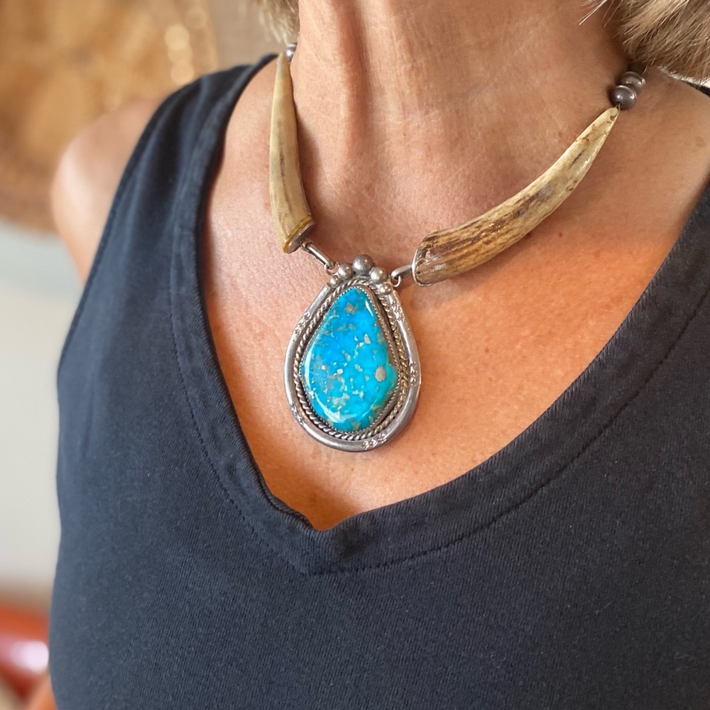 Hopi Turquoise and Antler Necklace Ralph Tawangyaouma Hand Made Collectible